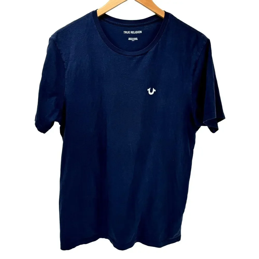 True Religion T-Shirt Mens Medium Blue‎ Short Sleeve Logo Back Cotton Tee Shirt